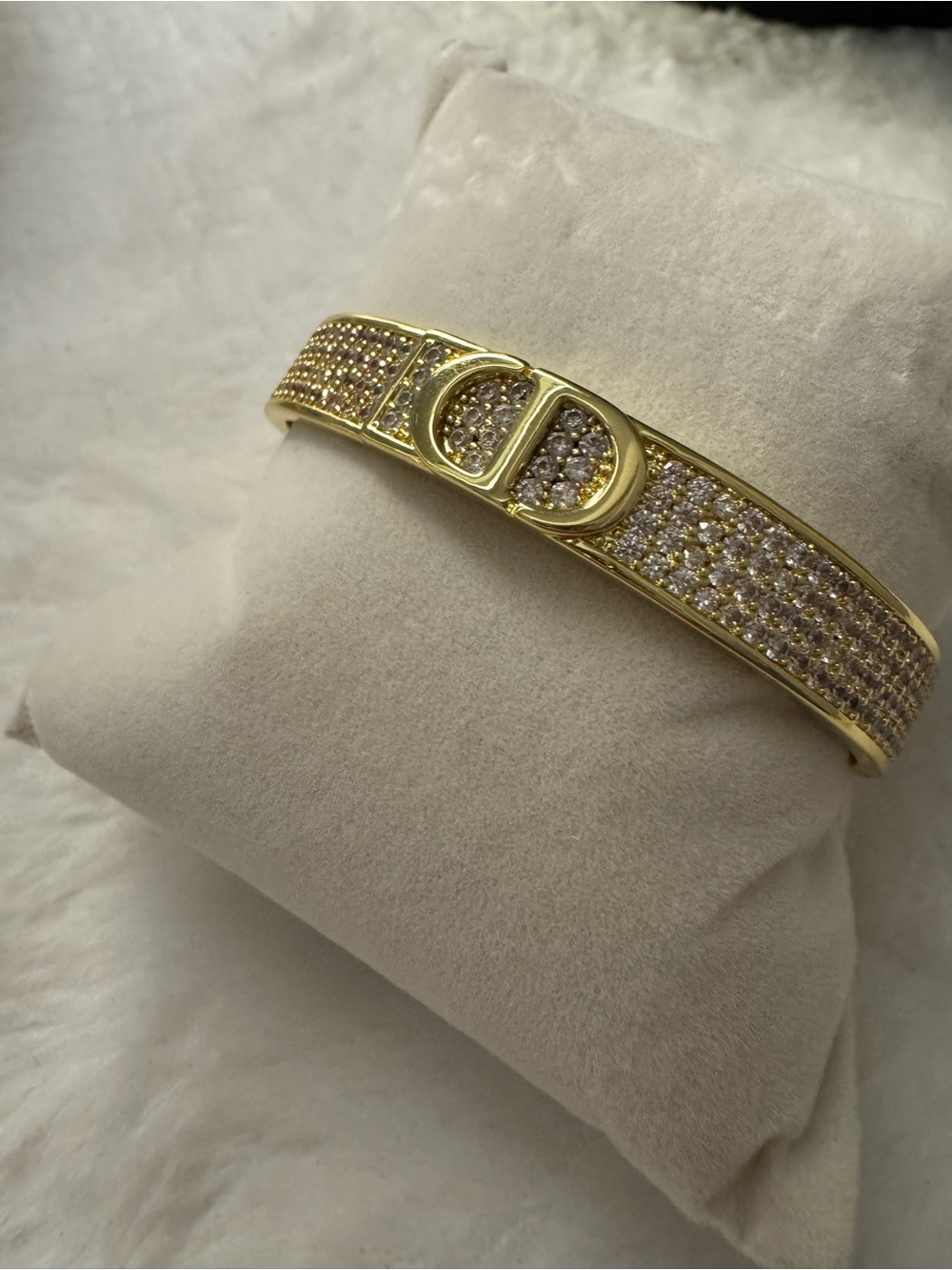 Gold Crystal Pave D Bracelet Bangle - Women Jewelry